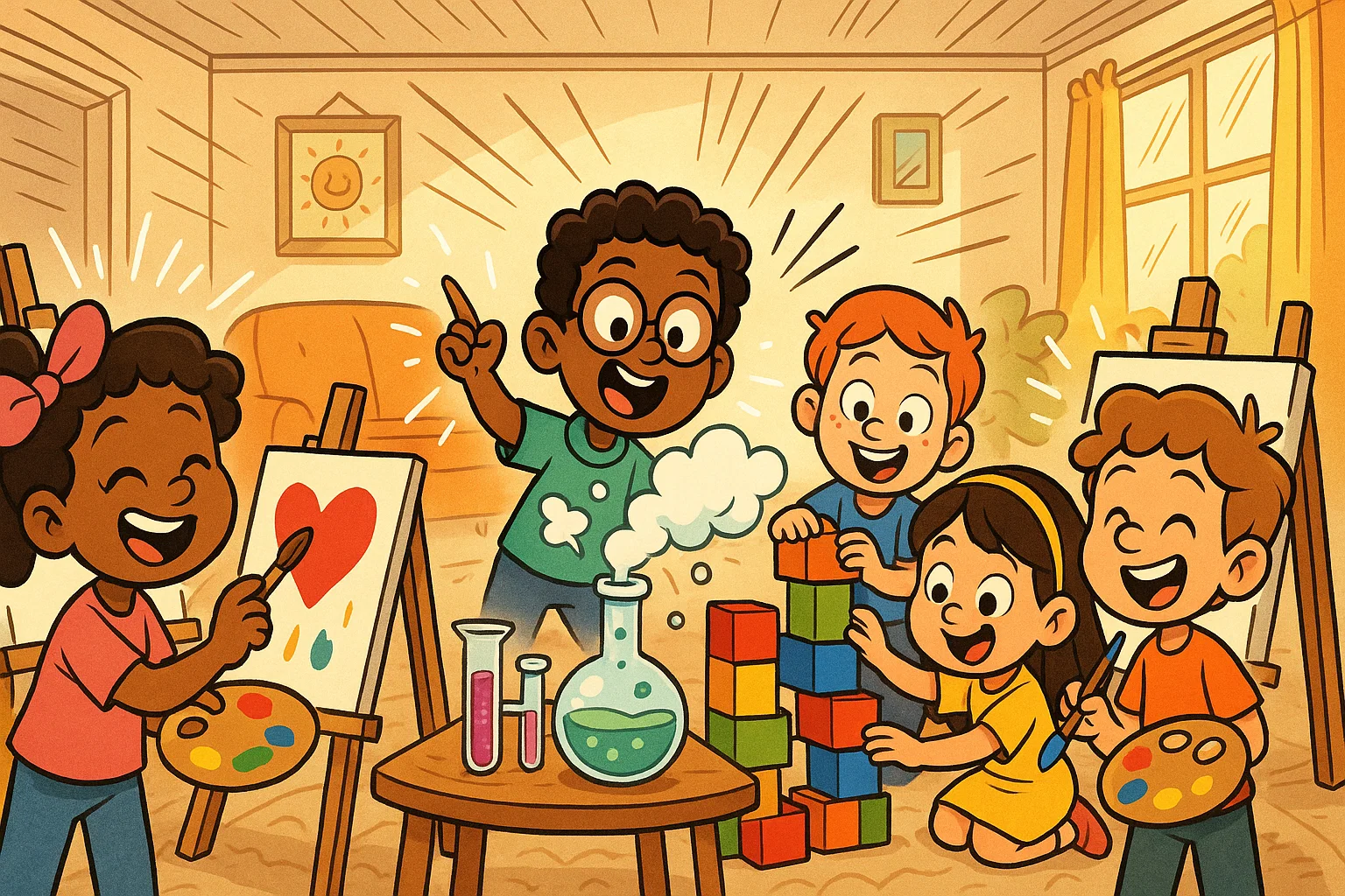 A playful cartoon of children doing various after-school activities, like painting, science experiments, and building blocks.
