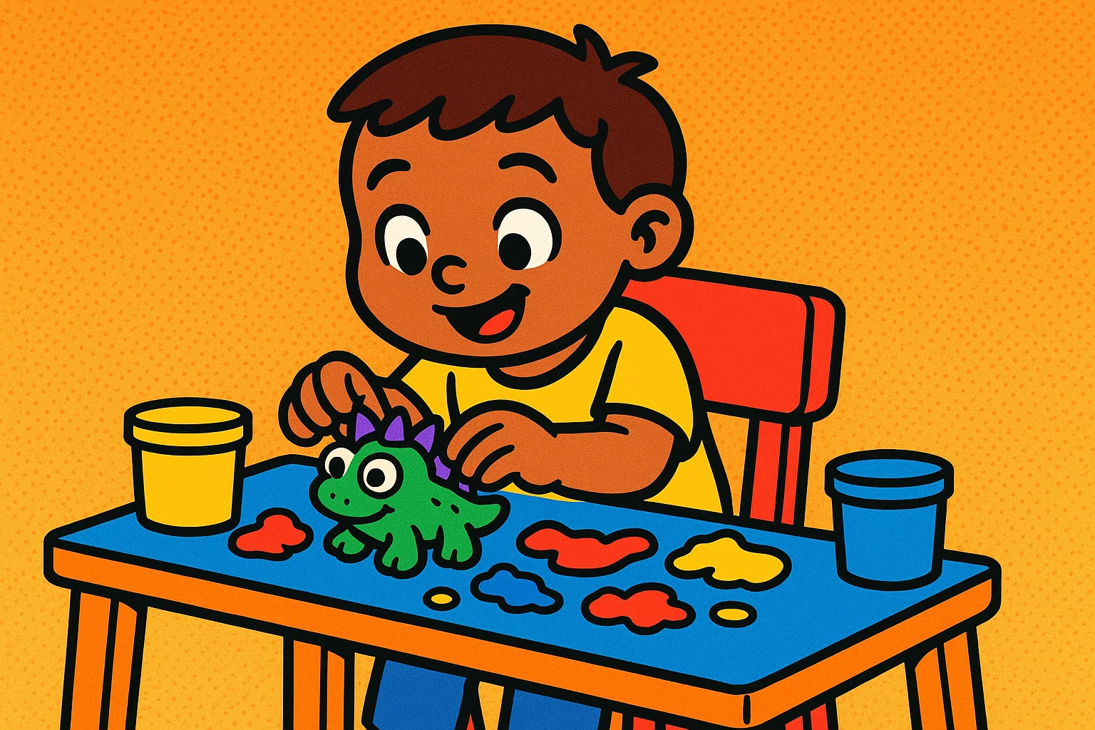 Cartoon of a happy preschooler using colorful play dough and simple sculpting tools for creative expression.