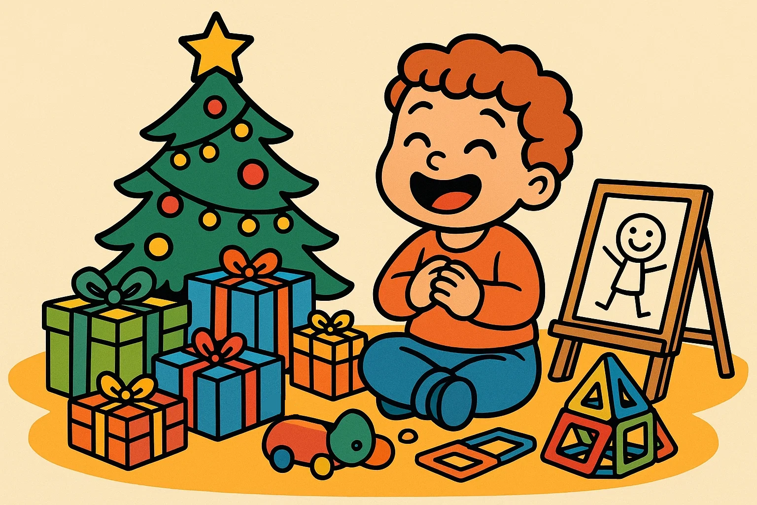 Playful cartoon of a happy preschooler opening colorful Christmas gifts (building blocks, art supplies) near a decorated Christmas tree. Playful cartoon of a happy preschooler opening colorful Christmas gifts (building blocks, art supplies) near a decorated Christmas tree.