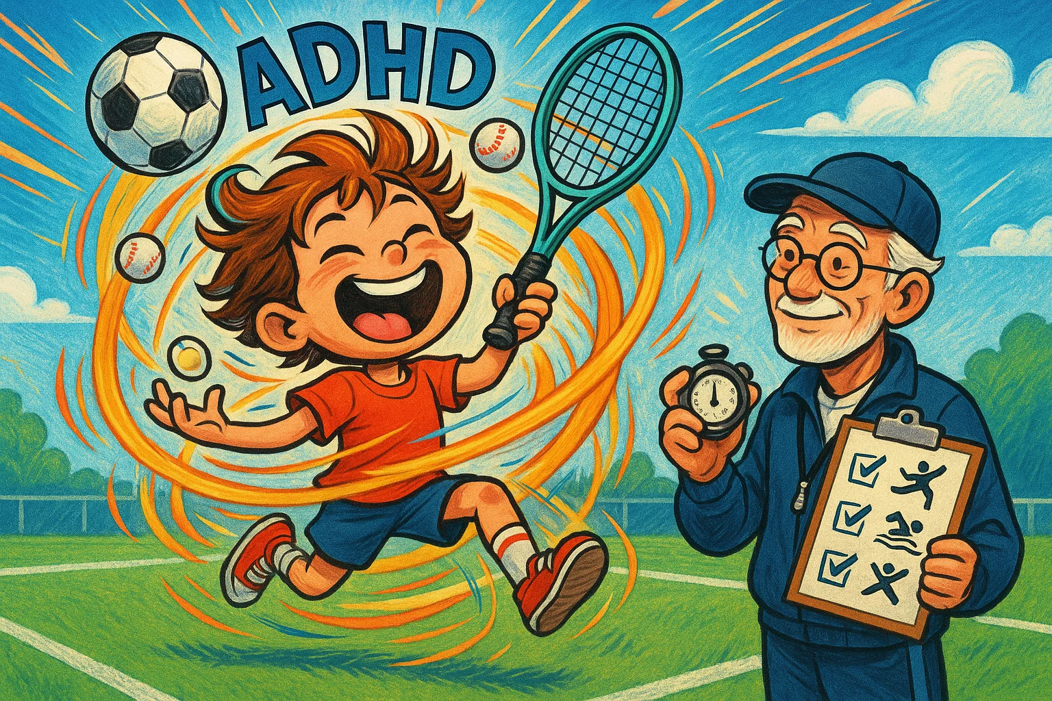 A comic illustration of a happy child with ADHD juggling multiple sports items with a supportive coach nearby. A comic illustration of a happy child with ADHD juggling multiple sports items with a supportive coach nearby.