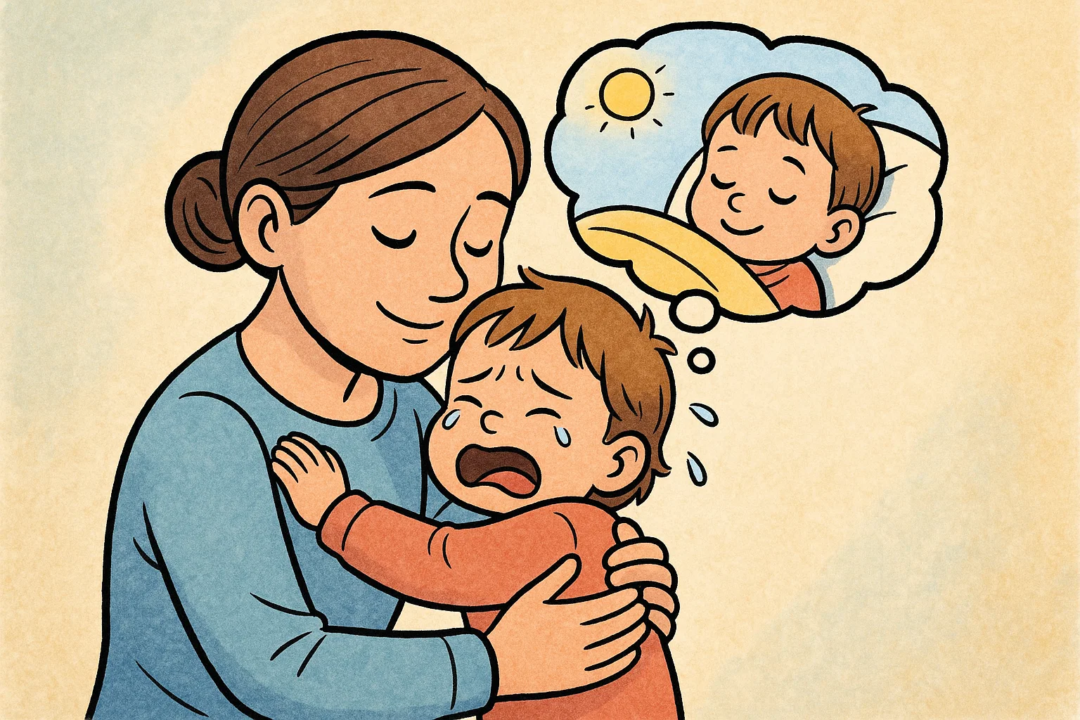 A cartoon parent calmly hugs a crying toddler, showing how to manage difficult emotions with comfort and reassurance.
