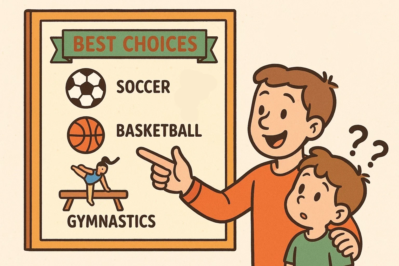 A cartoon illustration of a parent and child choosing sports from a sign, with thought bubbles showing various options.
