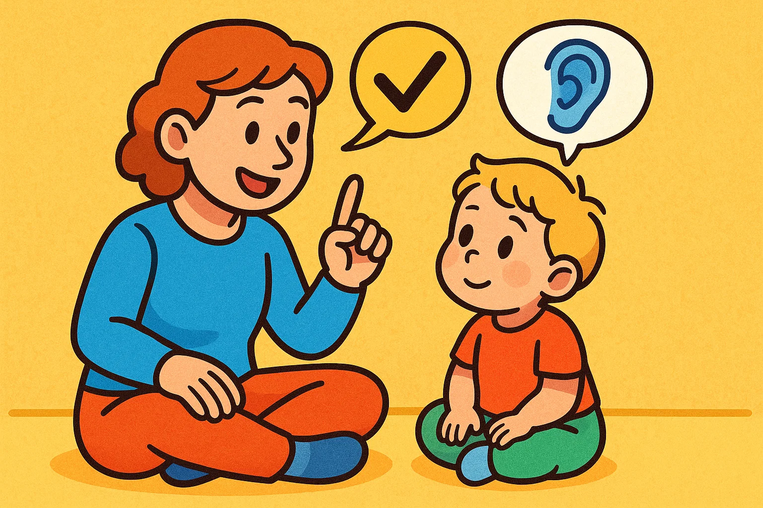 Cartoon of a parent and toddler engaged in clear, attentive communication on the floor.