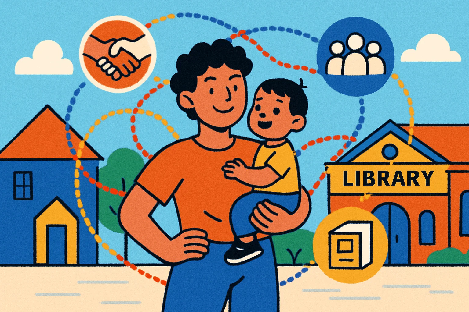 A cartoon illustrating a parent and child at the center of a network of community and support icons.