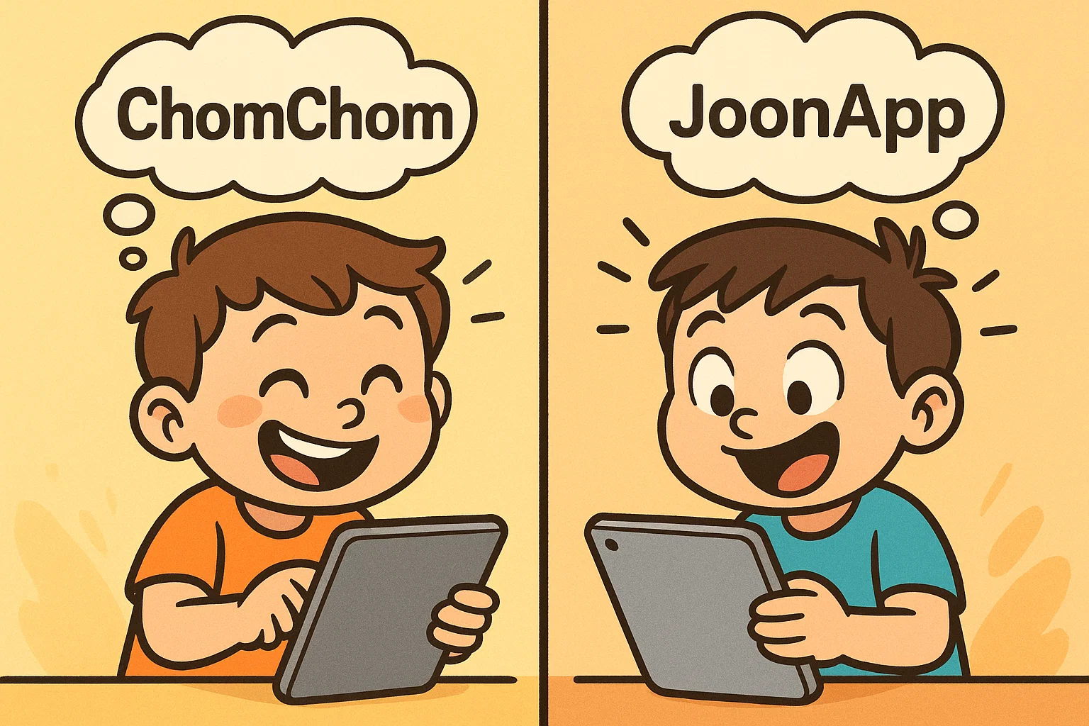 Cartoon comparison: two children, each engrossed with a clean tablet, labeled 