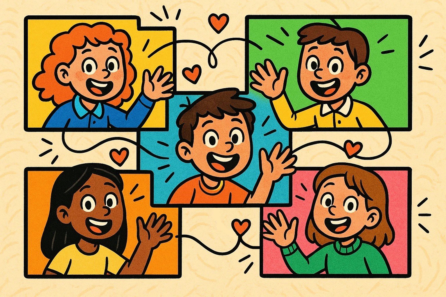 A cartoon image of students connecting and smiling in different video chat windows.