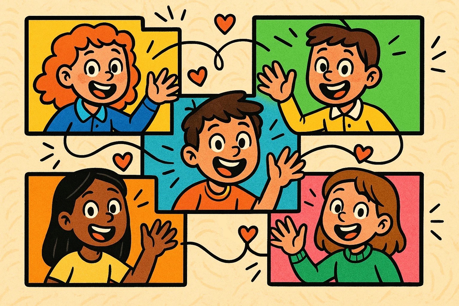A cartoon image of students connecting and smiling in different video chat windows.