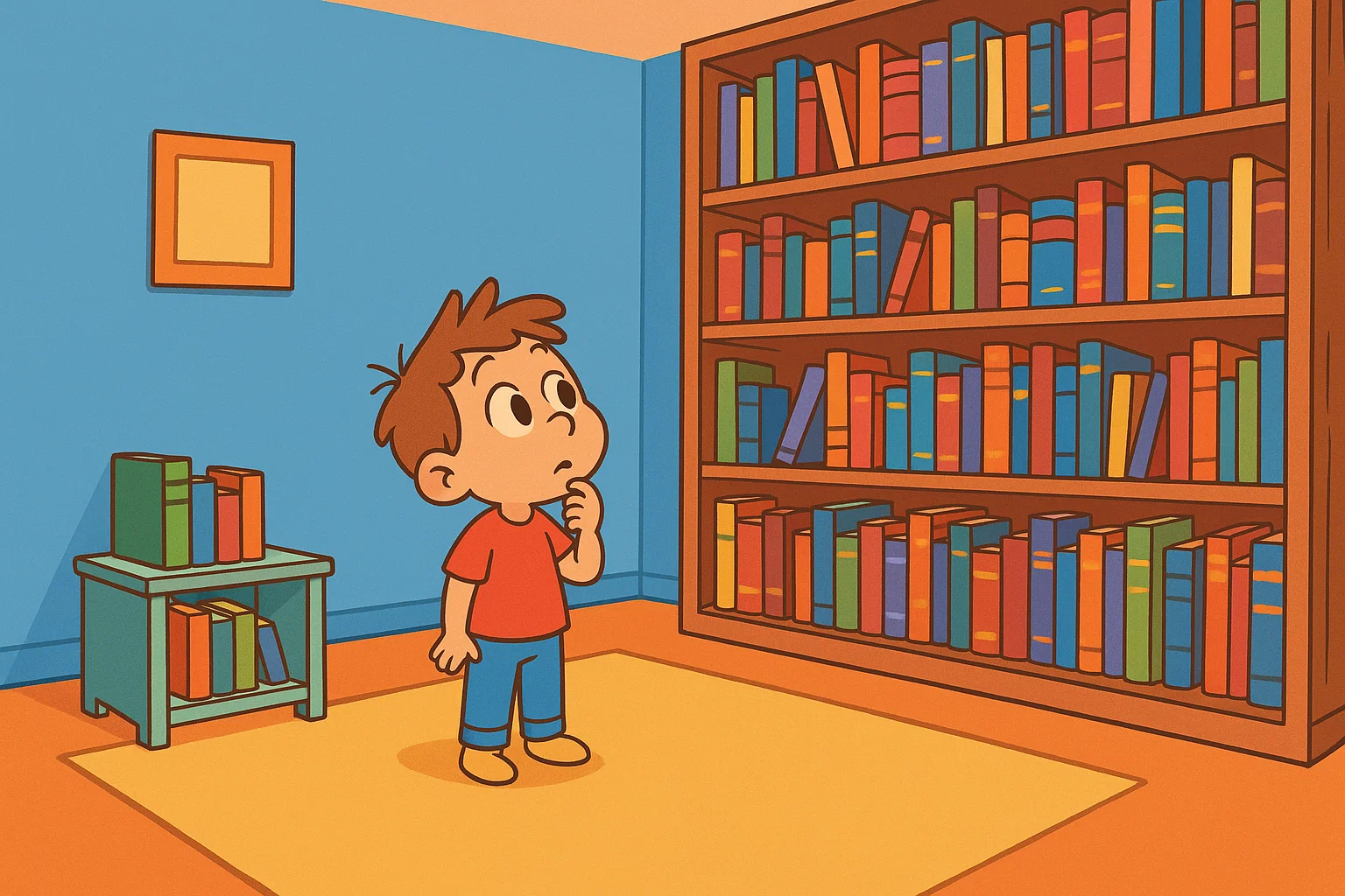 A cartoon symbolizing content variety and curation with a small bookshelf and a huge, swirling library.