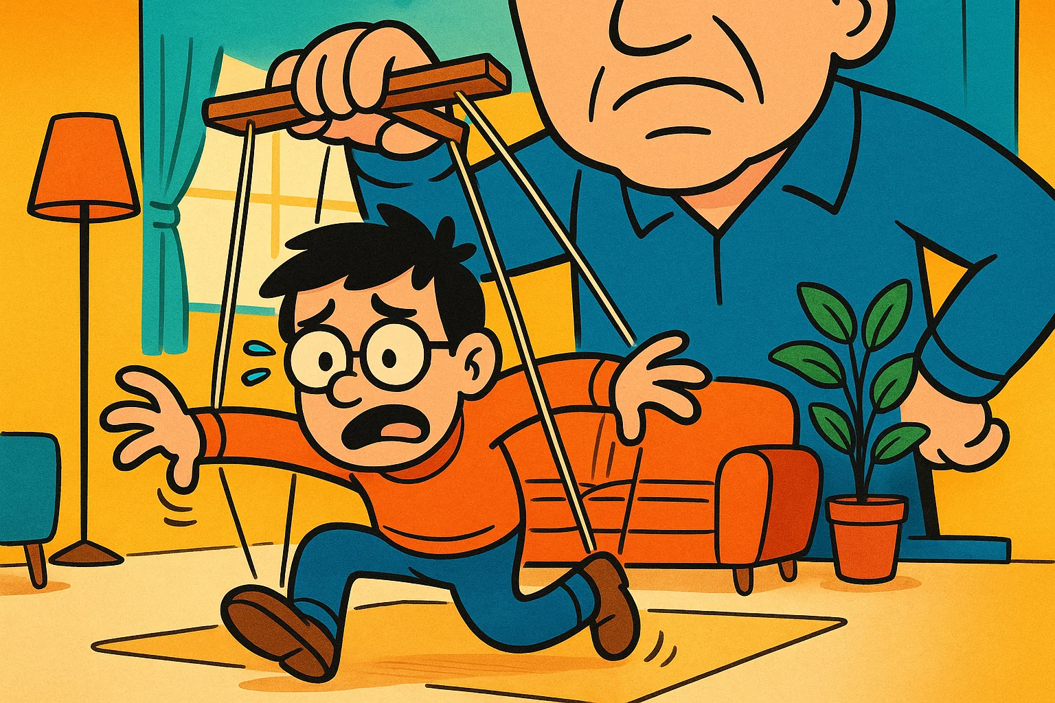 A cartoon illustrating an overbearing parent controlling their adult child like a puppet on strings. A cartoon illustrating an overbearing parent controlling their adult child like a puppet on strings.