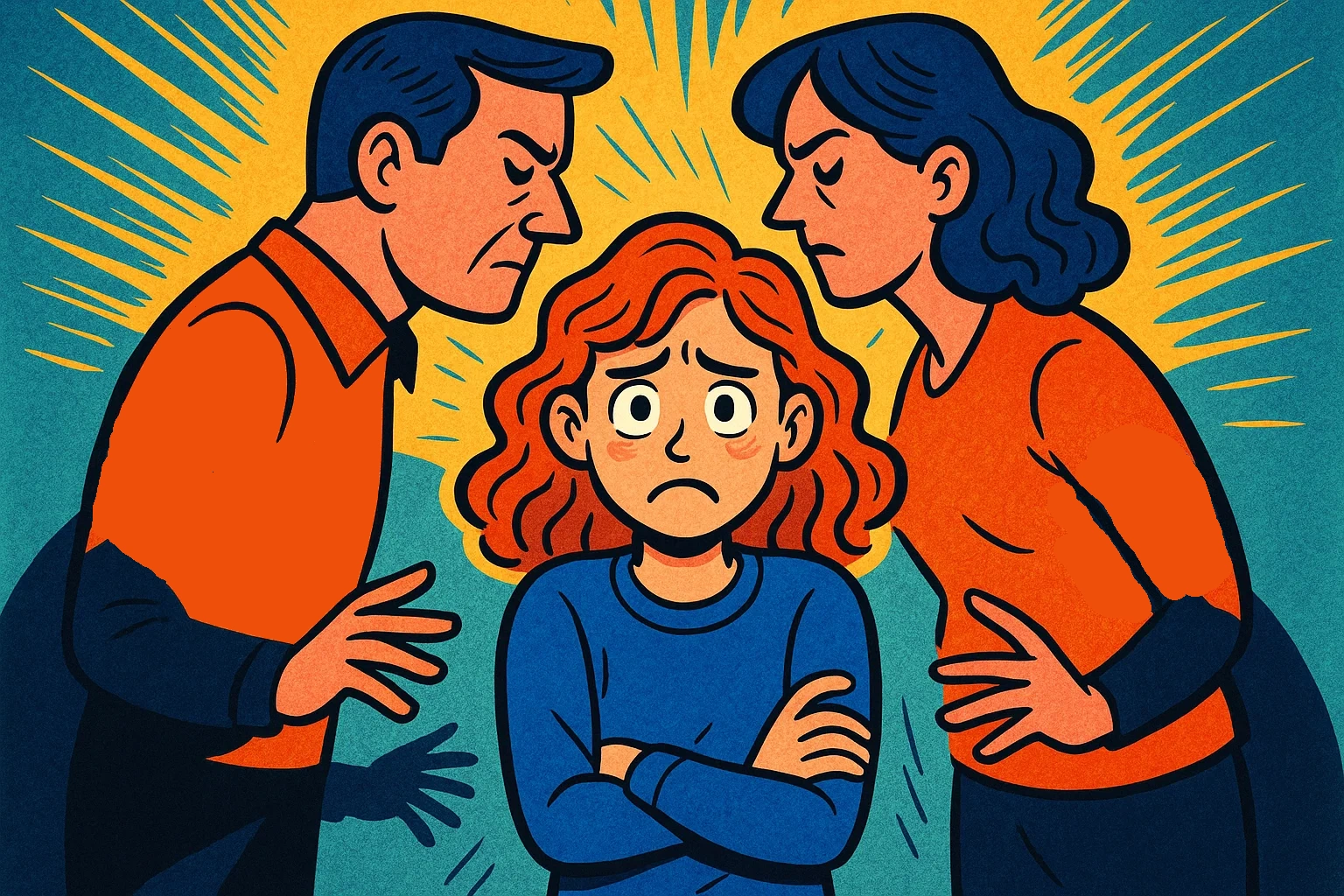A colorful cartoon showing a young person feeling overwhelmed by their large, shadowy, and controlling parents. A colorful cartoon showing a young person feeling overwhelmed by their large, shadowy, and controlling parents.