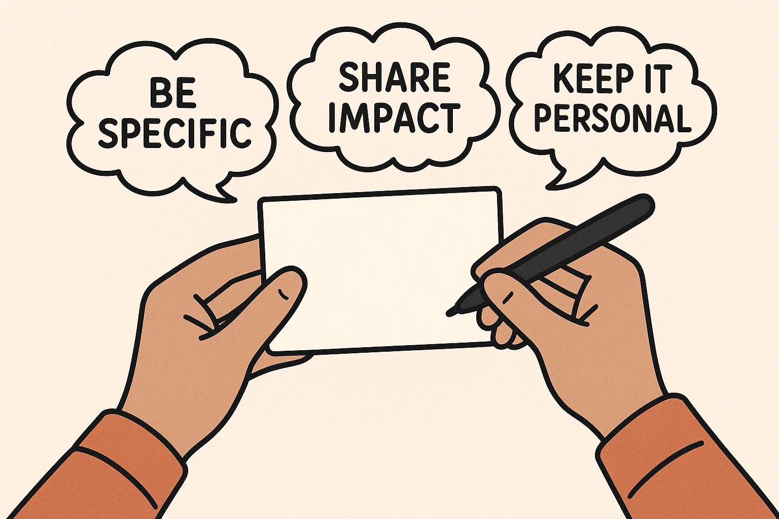 A cartoon showing how to write a thank you note, with speech bubbles suggesting tips like "Be Specific."