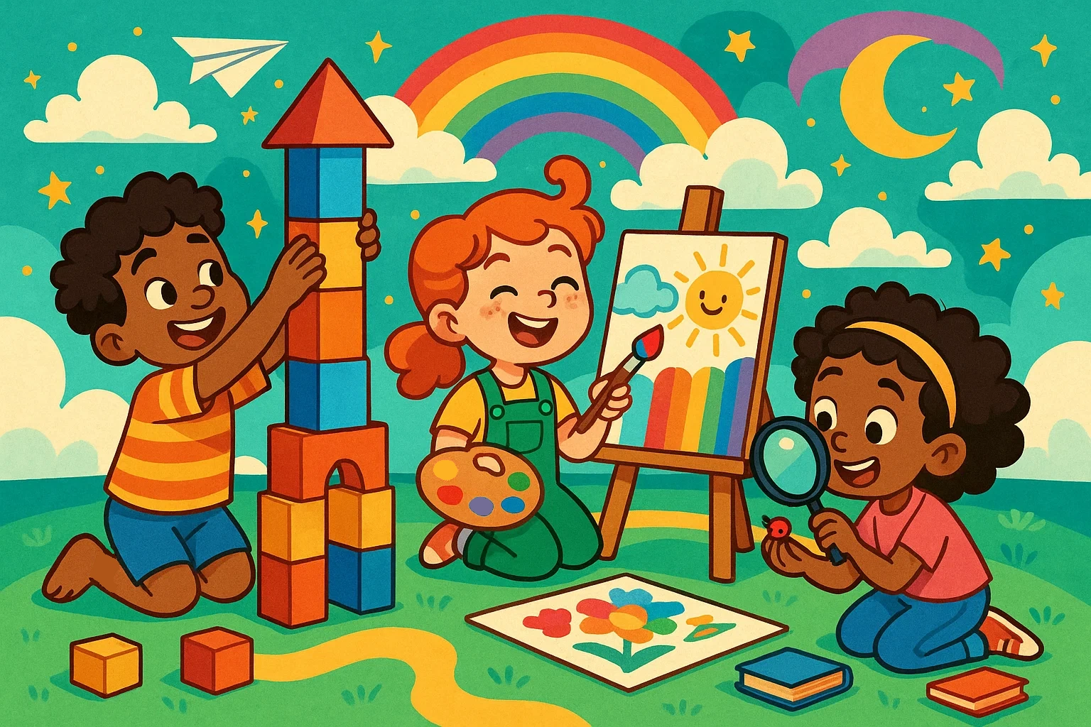 A whimsical cartoon of happy children building with blocks, painting, and exploring in a vibrant, imaginative space. A whimsical cartoon of happy children building with blocks, painting, and exploring in a vibrant, imaginative space.