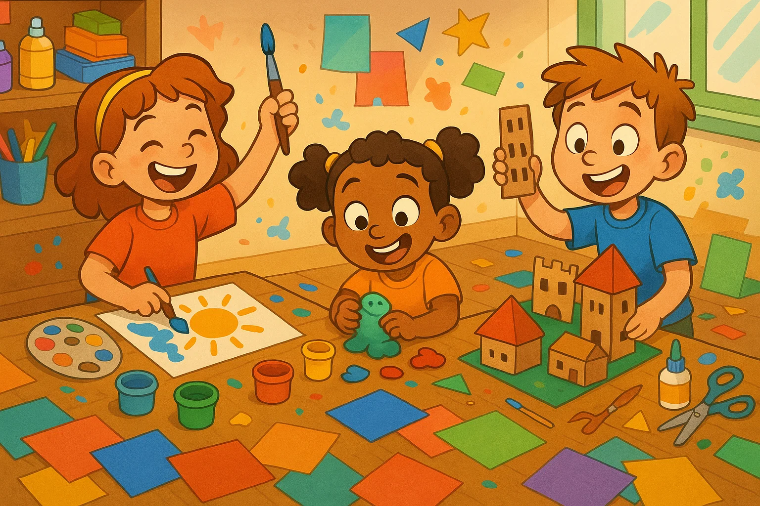 Cartoon of children happily engaged in different arts and crafts, painting, sculpting, and building with various colorful supplies. Cartoon of children happily engaged in different arts and crafts, painting, sculpting, and building with various colorful supplies.