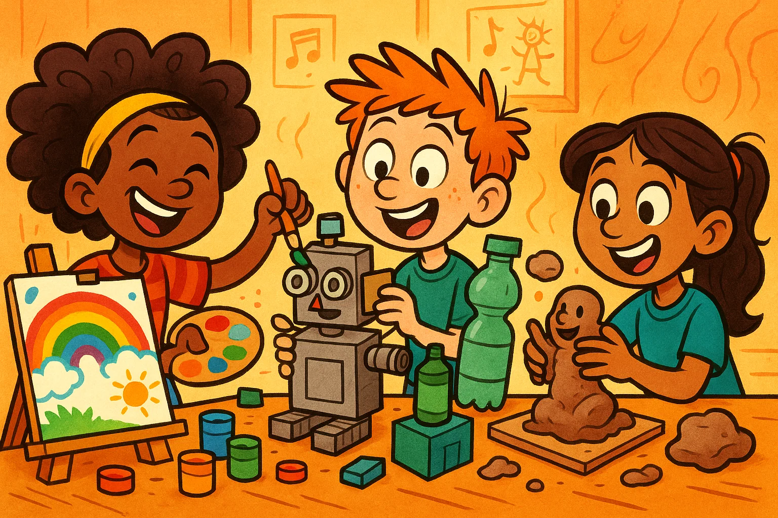 A cartoon of kids painting, sculpting, and crafting during afterschool creative time.