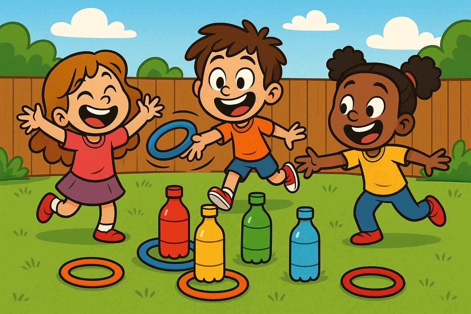 Playful cartoon of happy children playing a homemade ring toss game in a bright backyard scene. Playful cartoon of happy children playing a homemade ring toss game in a bright backyard scene.