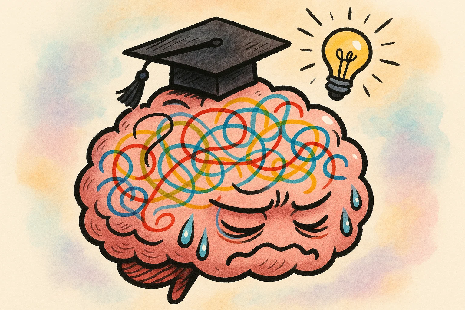Cartoon image of a stressed-out brain with a graduation cap, with chaotic lines and sweat. A glowing lightbulb shows a solution.