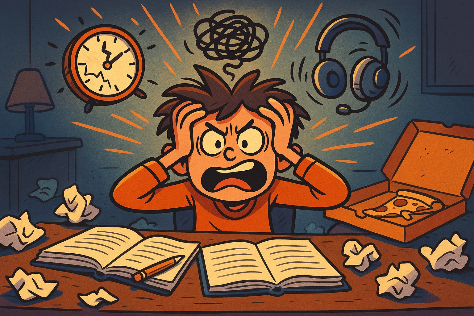Cartoon illustration of a student looking overwhelmed at a messy desk with chaotic symbols floating around them.