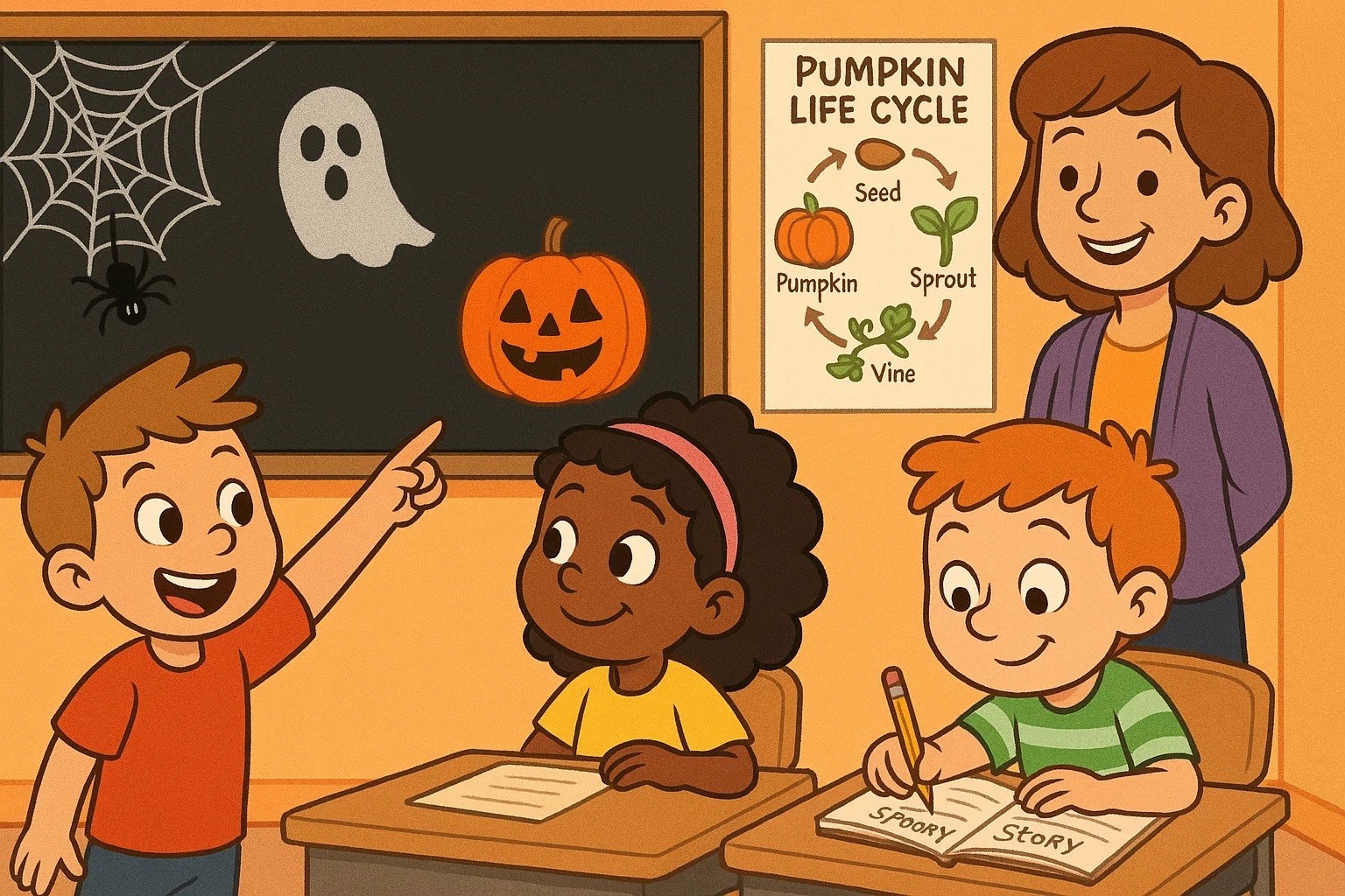 Cartoon of kids learning with Halloween-themed educational activities in a classroom. Cartoon of kids learning with Halloween-themed educational activities in a classroom.