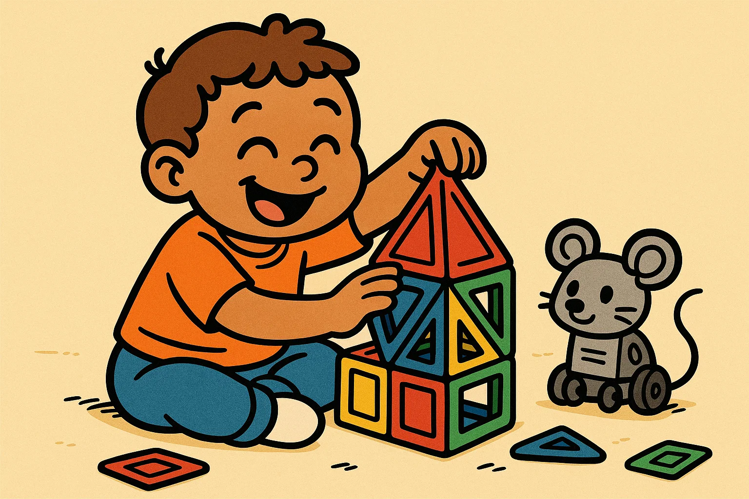 Cartoon of a child using colorful magnetic tiles and a simple coding robot toy to build a fun structure.