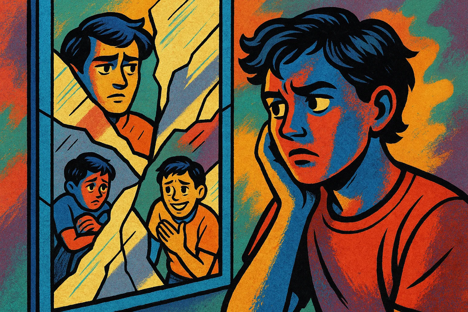 A cartoon illustration of a person with a fragmented reflection, showing the emotional effects of a controlling upbringing. A cartoon illustration of a person with a fragmented reflection, showing the emotional effects of a controlling upbringing.