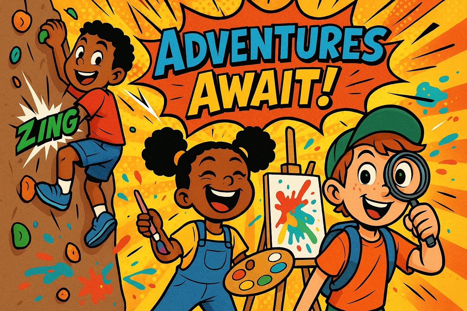 A vibrant, cartoon-style image of kids happily engaged in various activities like climbing and painting with dynamic comic-book effects. A vibrant, cartoon-style image of kids happily engaged in various activities like climbing and painting with dynamic comic-book effects.