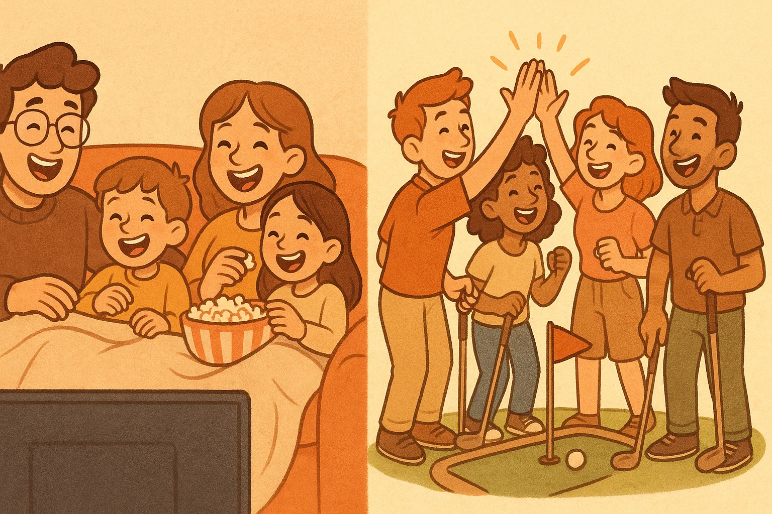 A warm cartoon illustration showing scenes of a family watching a movie and friends playing mini-golf together.
