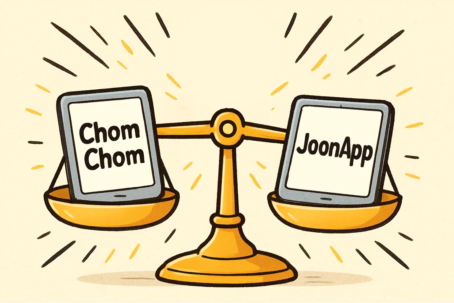 Cheerful cartoon of a perfectly balanced scale, with a tablet labeled "ChomChom" on one side and "JoonApp" on the other.