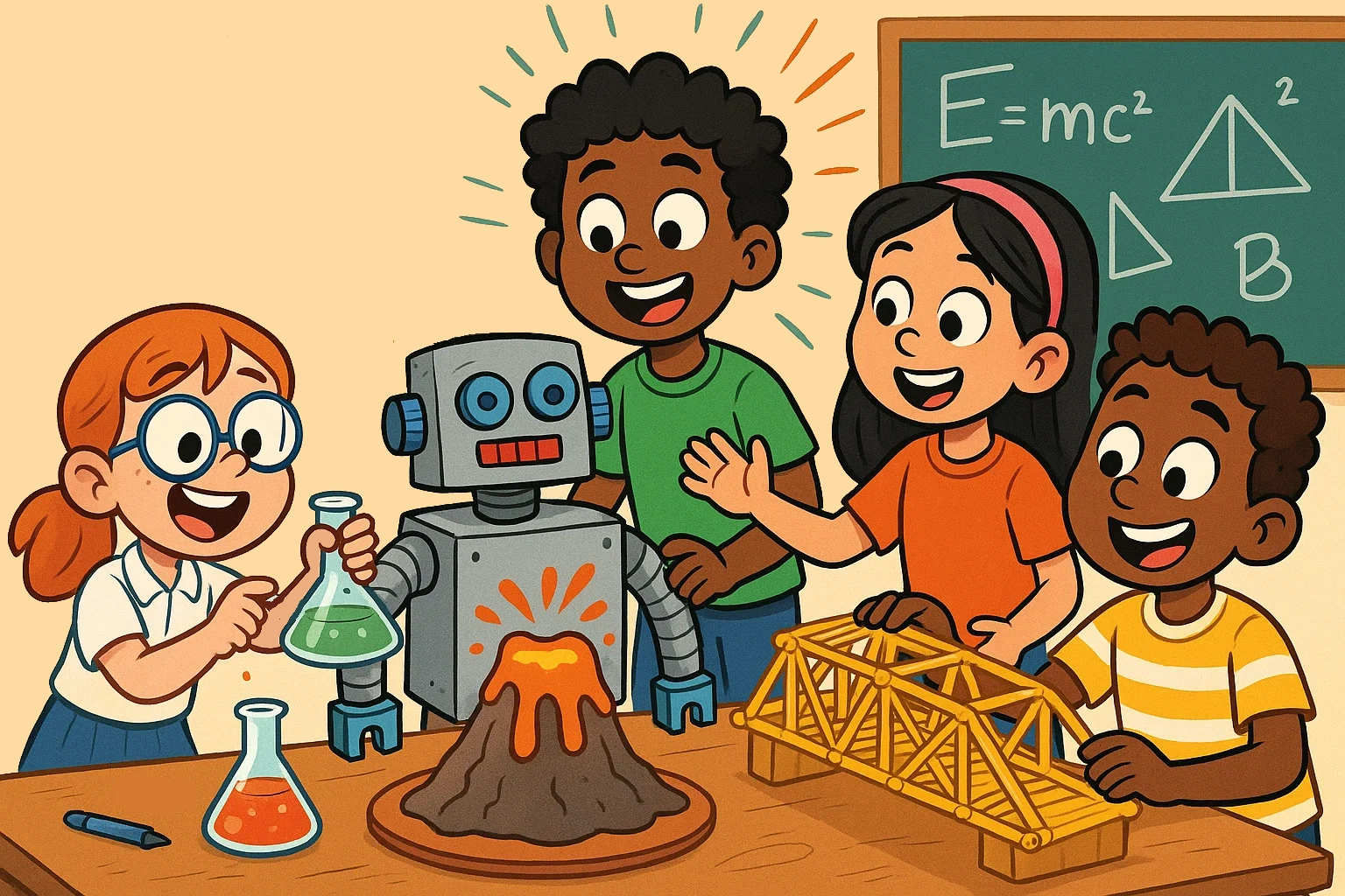 A cartoon illustration of kids having fun with hands-on STEM projects like volcano experiments and robot building. A cartoon illustration of kids having fun with hands-on STEM projects like volcano experiments and robot building.