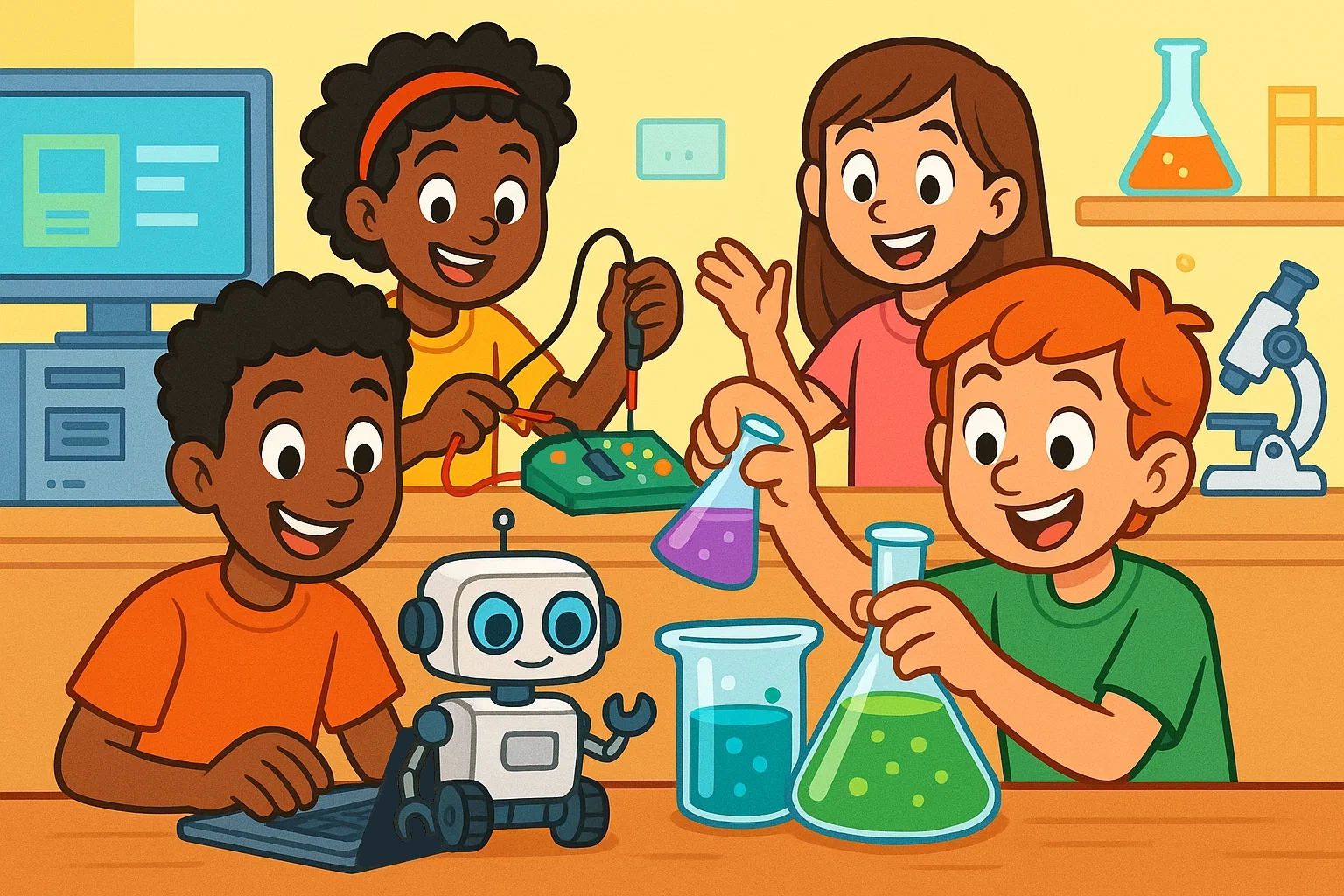 A cheerful cartoon of diverse teens doing hands-on STEM projects with robots and chemistry. A cheerful cartoon of diverse teens doing hands-on STEM projects with robots and chemistry.
