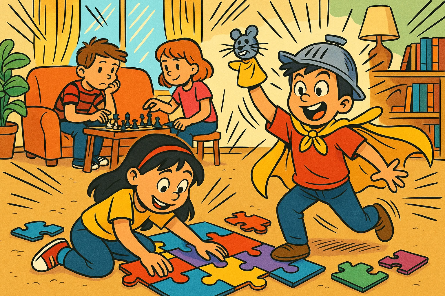 A cartoon illustration of children playing brain games like puzzles and a puppet show.
