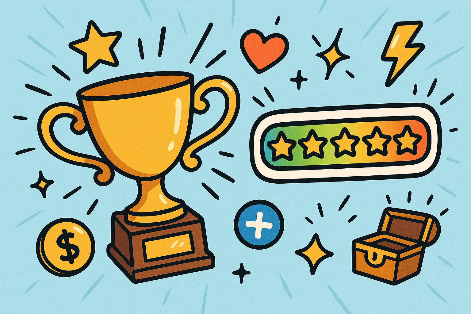 Playful cartoon showing different gamification methods, including a trophy and a star-filled progress bar.