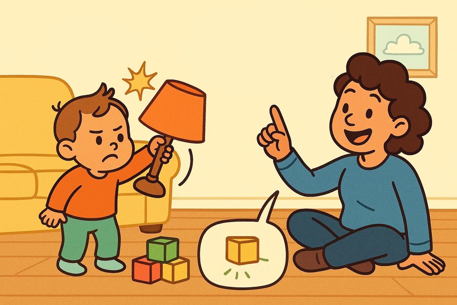 A cartoon illustration where a parent calmly redirects a 2-year-old with positive commands instead of negative ones.