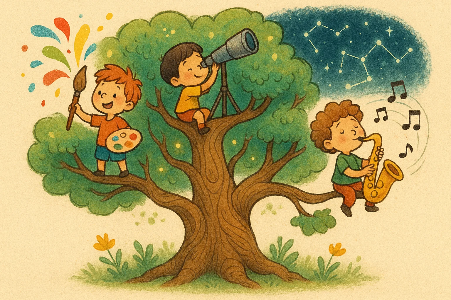 A fantastical cartoon image of a magical tree with branches holding different creative activities like painting and playing music.

