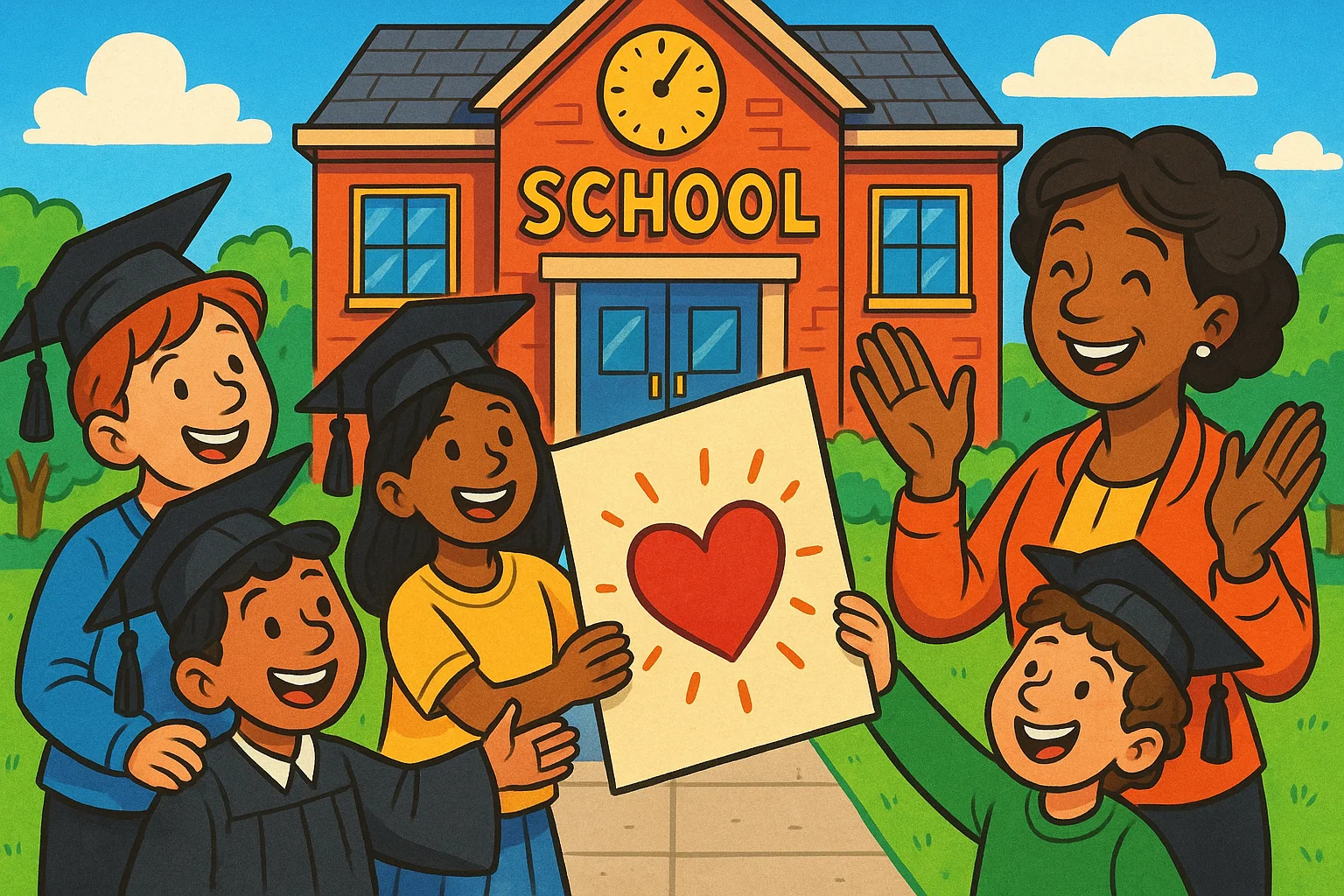  A joyful cartoon of graduating students giving a giant card to their teacher at the end of the year.
