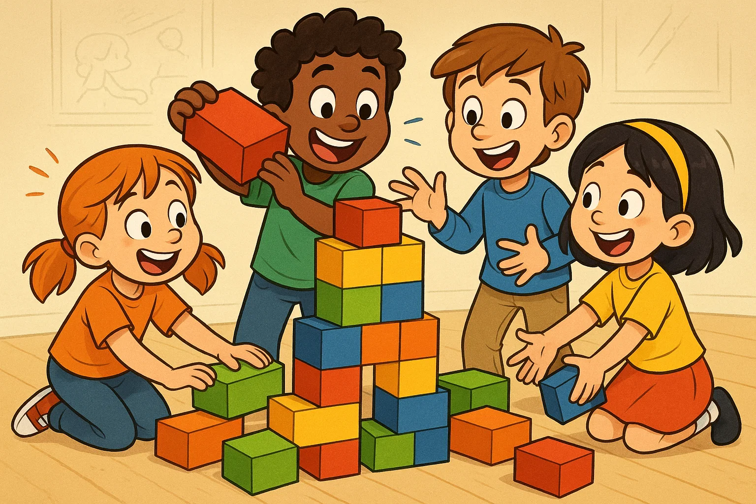 A cartoon illustration of children collaborating on a group activity, building with blocks.
