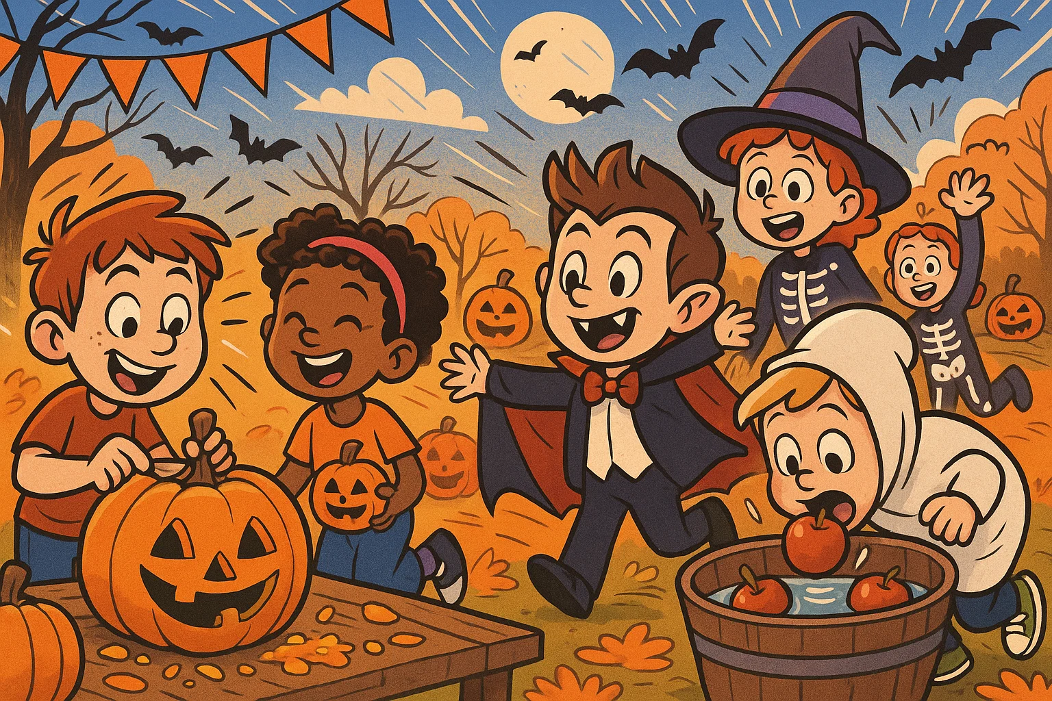 Playful cartoon illustration of kids doing Halloween activities like carving pumpkins and playing games, with bright colors and joyful expressions. Playful cartoon illustration of kids doing Halloween activities like carving pumpkins and playing games, with bright colors and joyful expressions.
