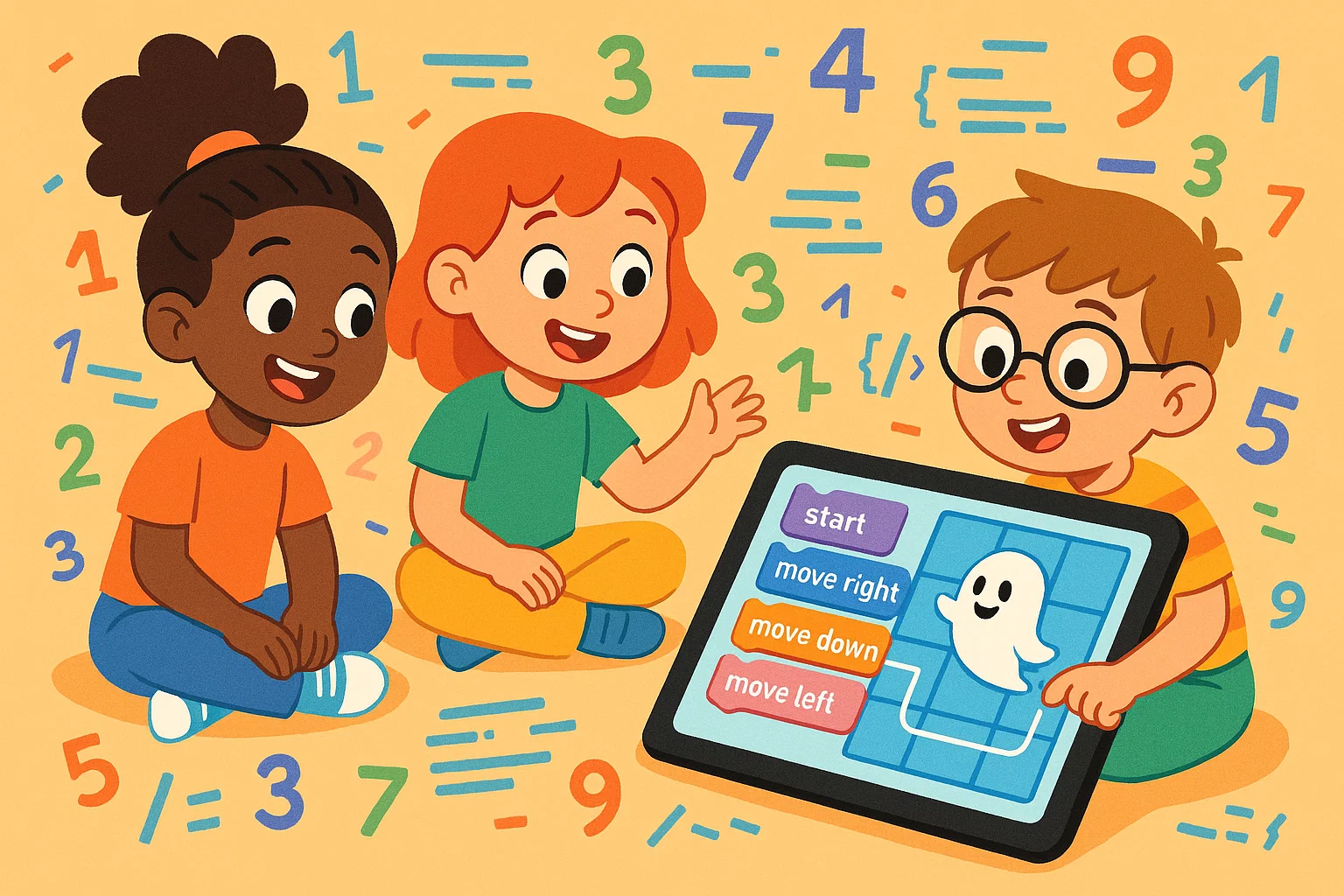 A cartoon of children engaged in Halloween-themed coding and math activities with a ghost character.
