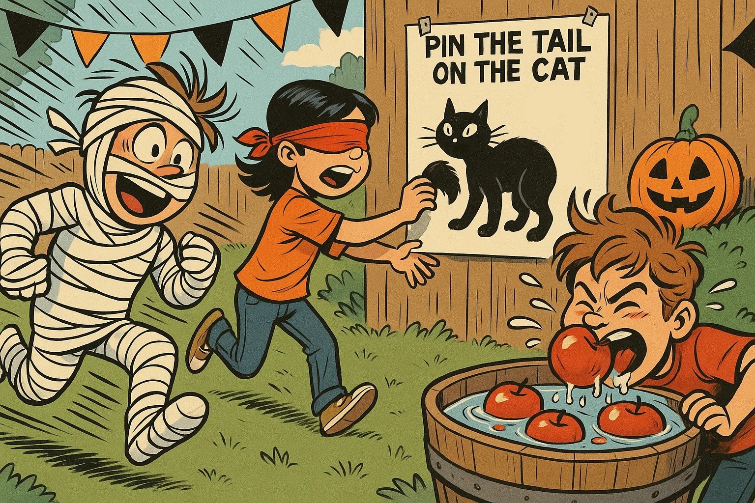 Cartoon of kids playing Halloween games, including a mummy race and bobbing for apples, with fun, comic-style art. Cartoon of kids playing Halloween games, including a mummy race and bobbing for apples, with fun, comic-style art.