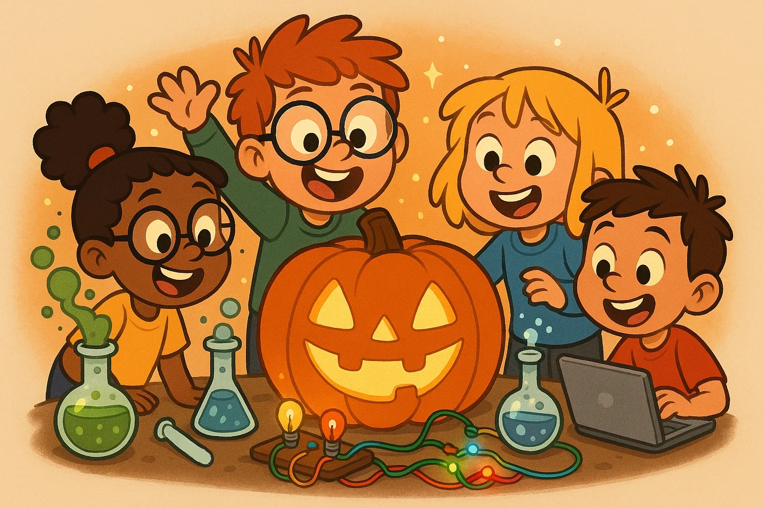 A playful cartoon of kids doing Halloween STEM activities with glowing pumpkins, colorful liquids, and simple circuit lights. A playful cartoon of kids doing Halloween STEM activities with glowing pumpkins, colorful liquids, and simple circuit lights.