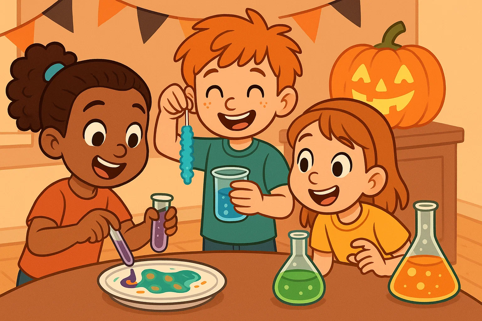 A cartoon of children happily doing fun Halloween STEM experiments with color-changing milk and growing candy crystals.
