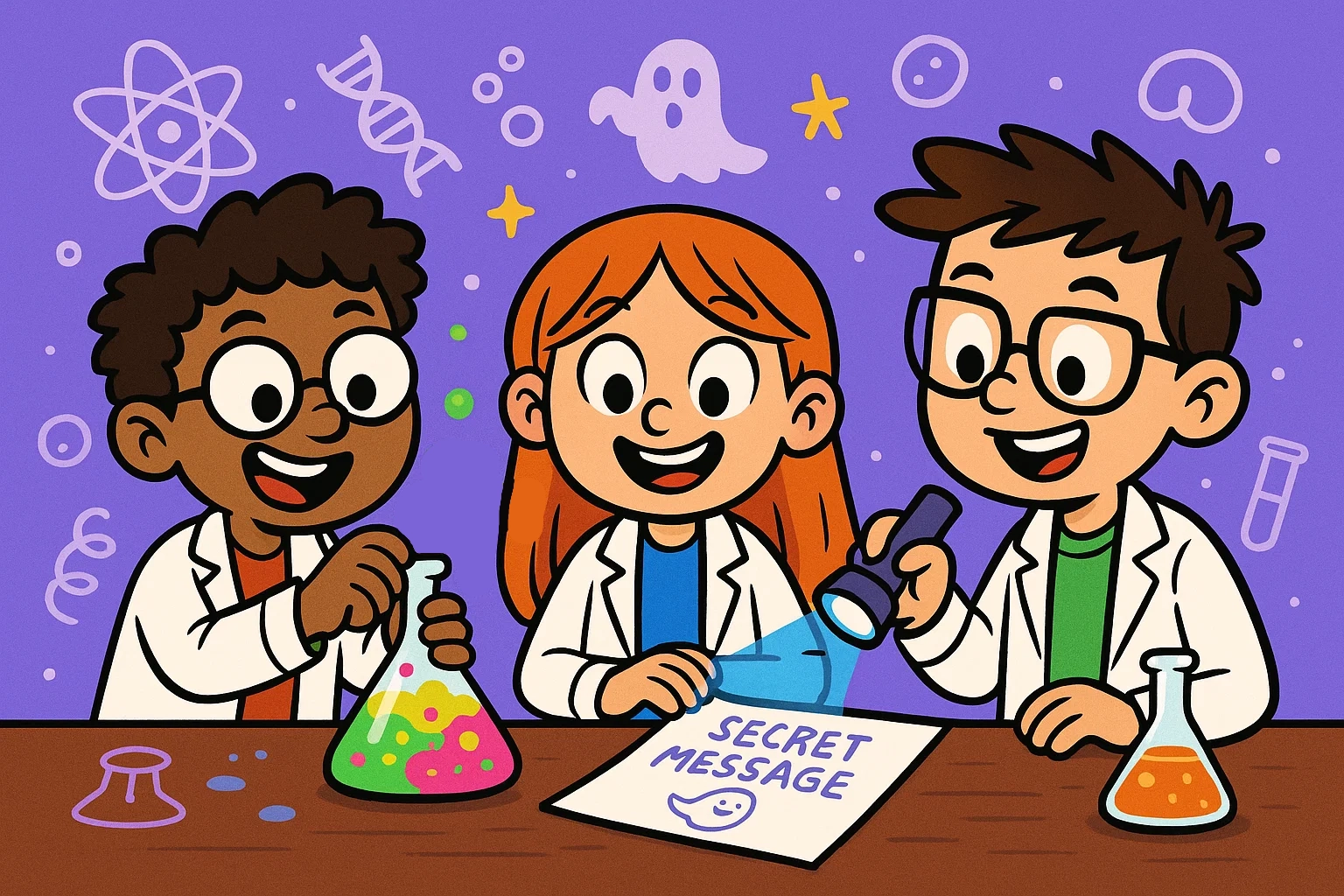 A cartoon of children happily doing Halloween science experiments with invisible ink and magic potions. A cartoon of children happily doing Halloween science experiments with invisible ink and magic potions.