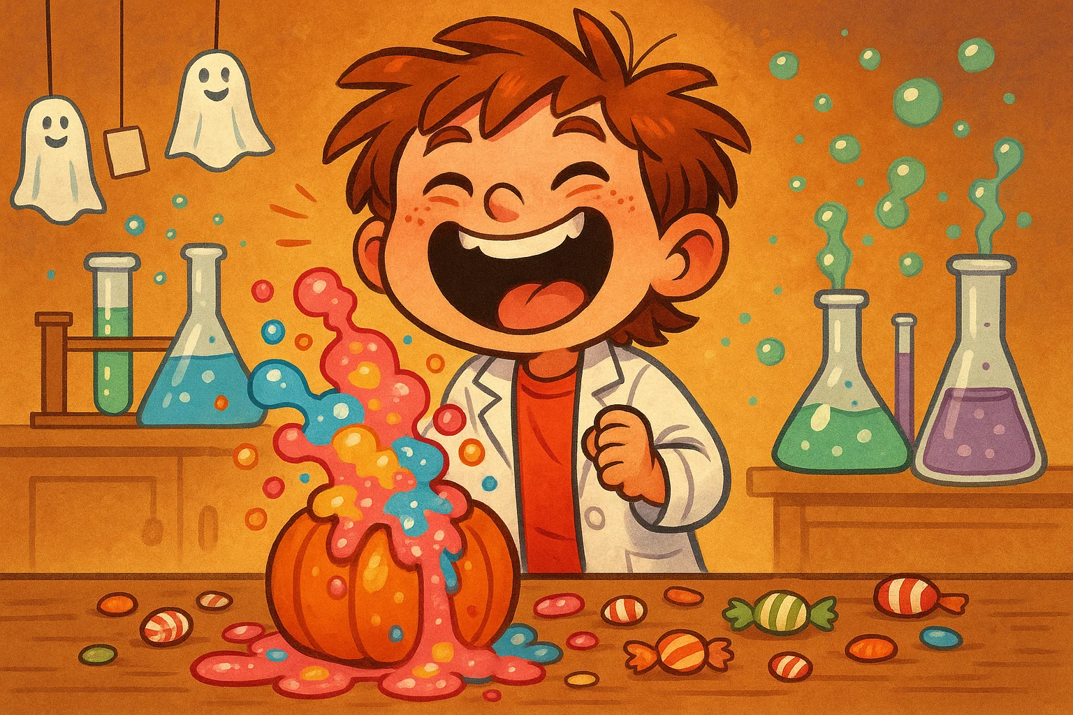 A cartoon of a kid doing Halloween science with a pumpkin volcano and floating tea bag ghosts.
