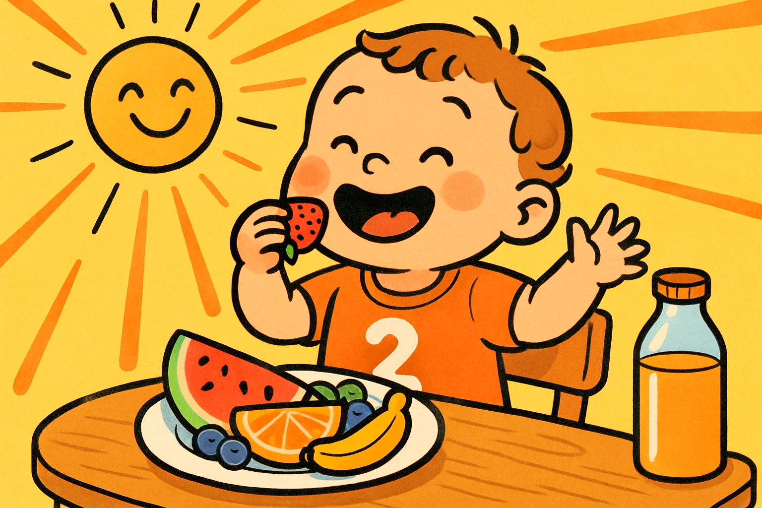 A cartoon of a 2-year-old happily eating healthy food and playing outside, depicting a healthy lifestyle.