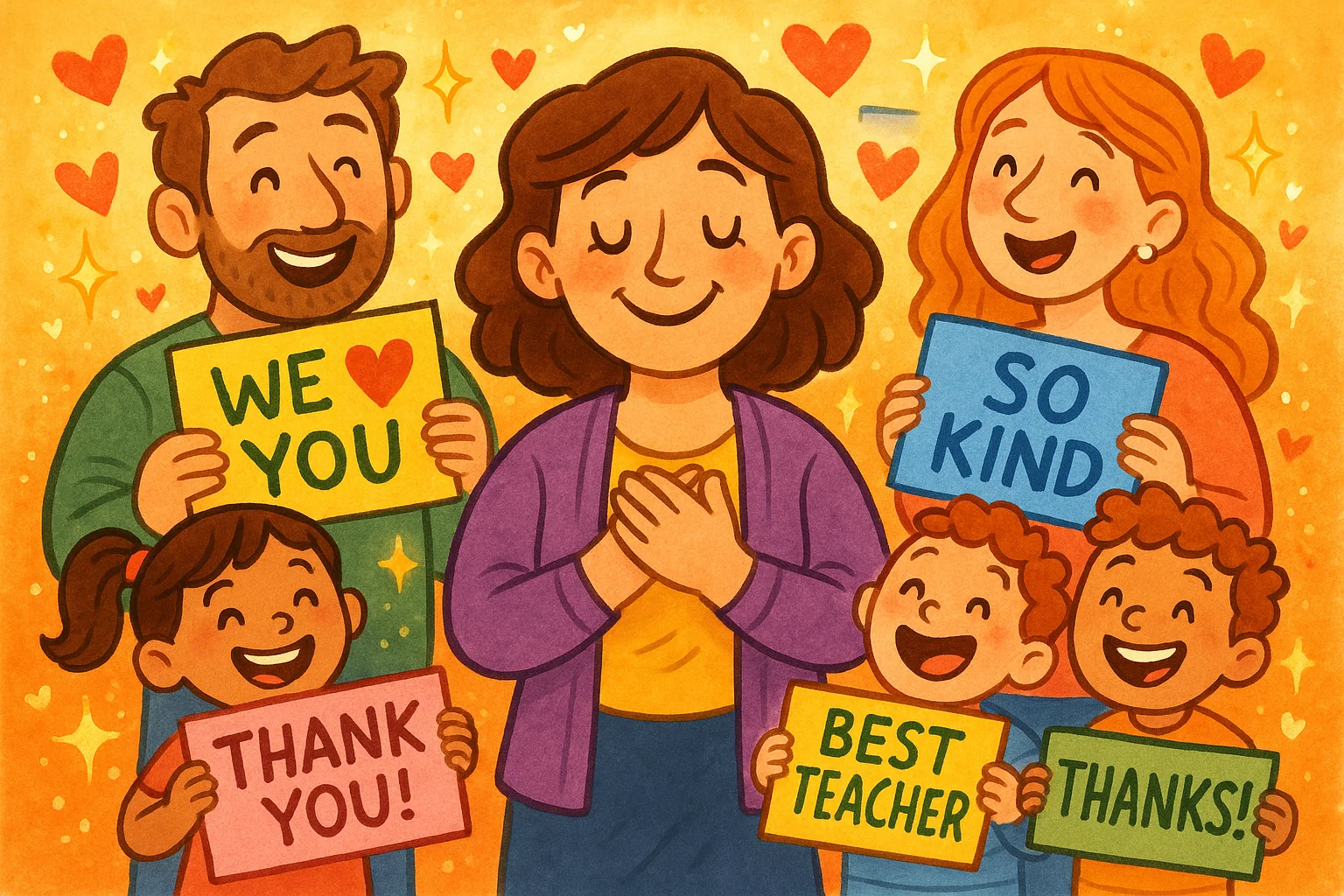 A whimsical cartoon of a teacher surrounded by grateful parents and kids, with signs expressing thanks and heartfelt appreciation. A whimsical cartoon of a teacher surrounded by grateful parents and kids, with signs expressing thanks and heartfelt appreciation.