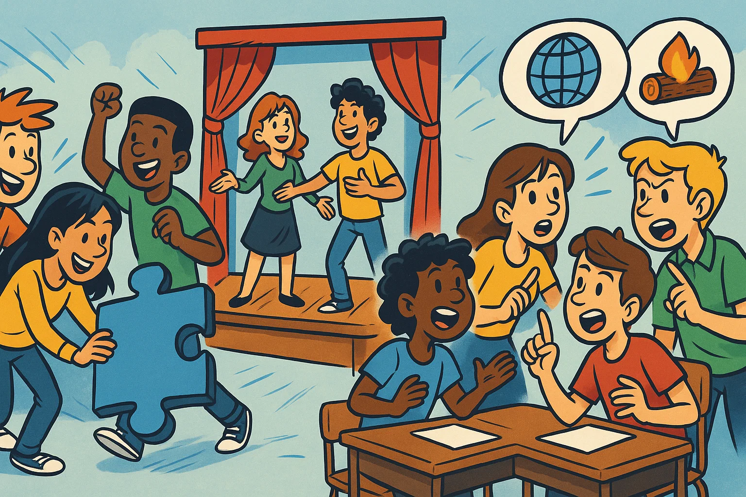 A vibrant cartoon of high school students doing social skills activities like problem-solving, role-playing, and debating. A vibrant cartoon of high school students doing social skills activities like problem-solving, role-playing, and debating.