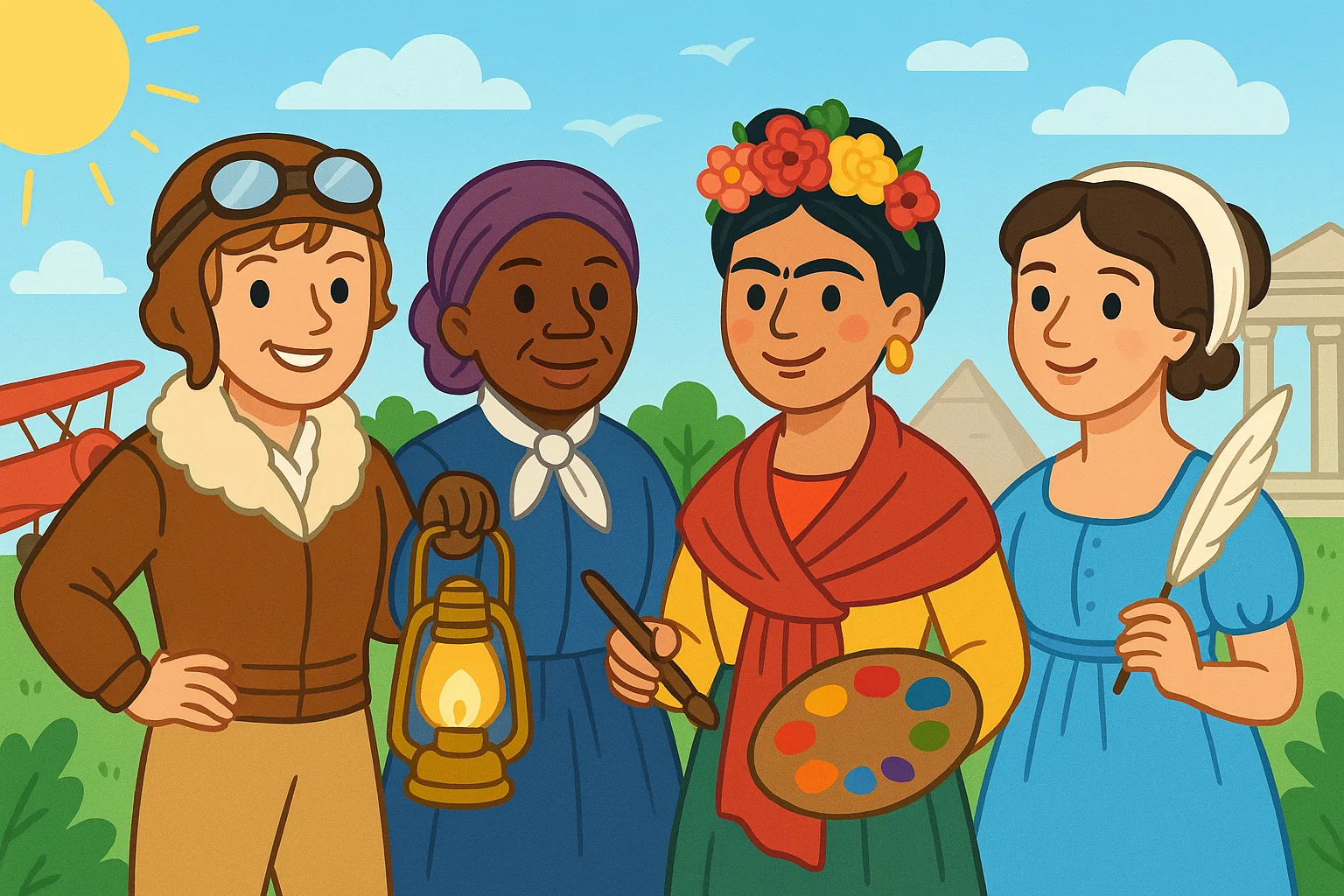A colorful cartoon illustration of historical female role models, including Amelia Earhart, Harriet Tubman, and Frida Kahlo.
