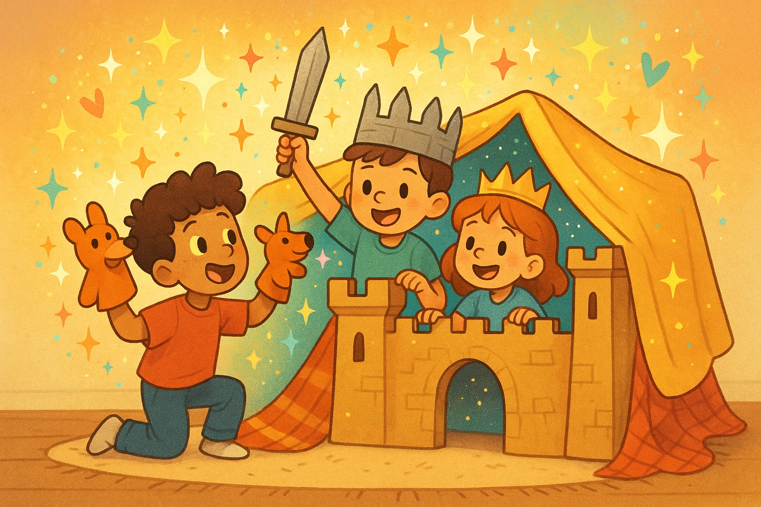 Cartoon of children immersed in imaginative play inside a blanket fort and putting on a puppet show. Cartoon of children immersed in imaginative play inside a blanket fort and putting on a puppet show.
