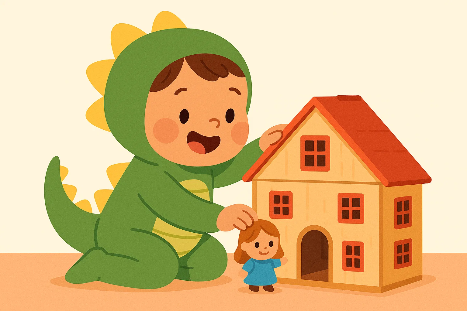 Playful cartoon of a child in a dinosaur costume acting out a scene with a wooden dollhouse and furniture set.