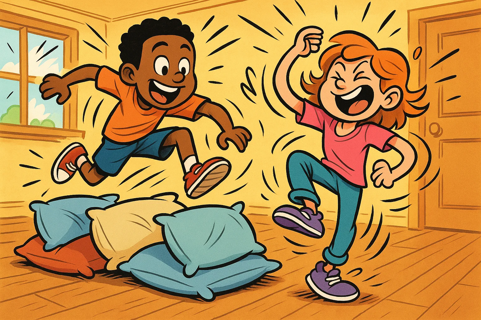 A vibrant cartoon of children playing an indoor obstacle course and dancing energetically.
