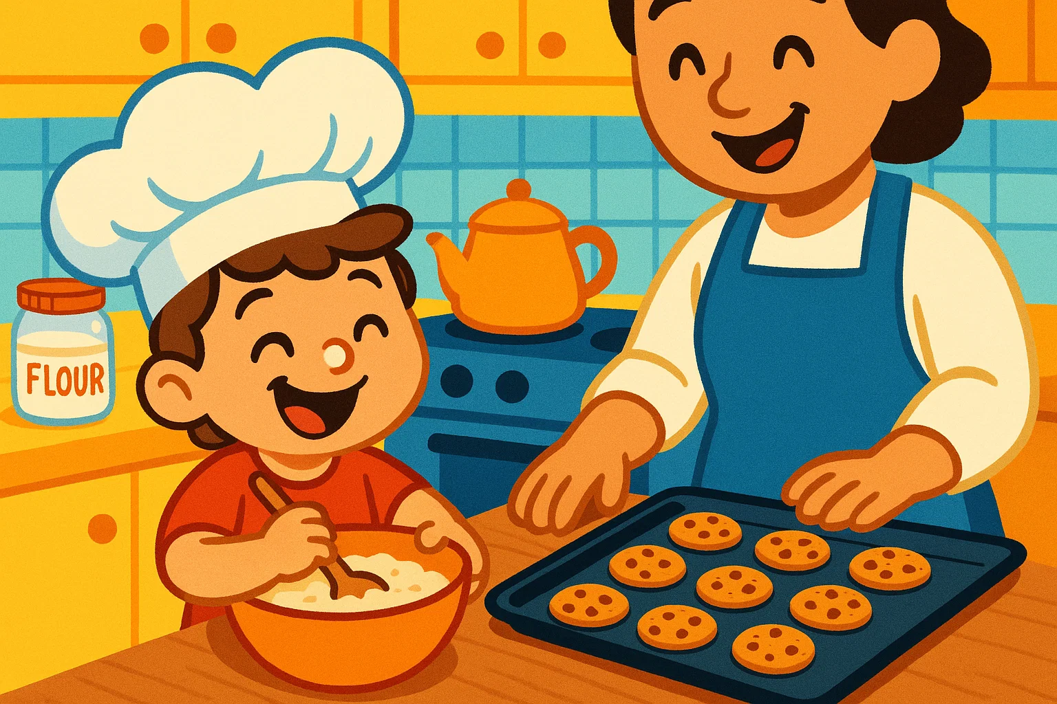Cartoon of a child joyfully helping an adult bake cookies in a kitchen, wearing a chef's hat. Cartoon of a child joyfully helping an adult bake cookies in a kitchen, wearing a chef's hat.